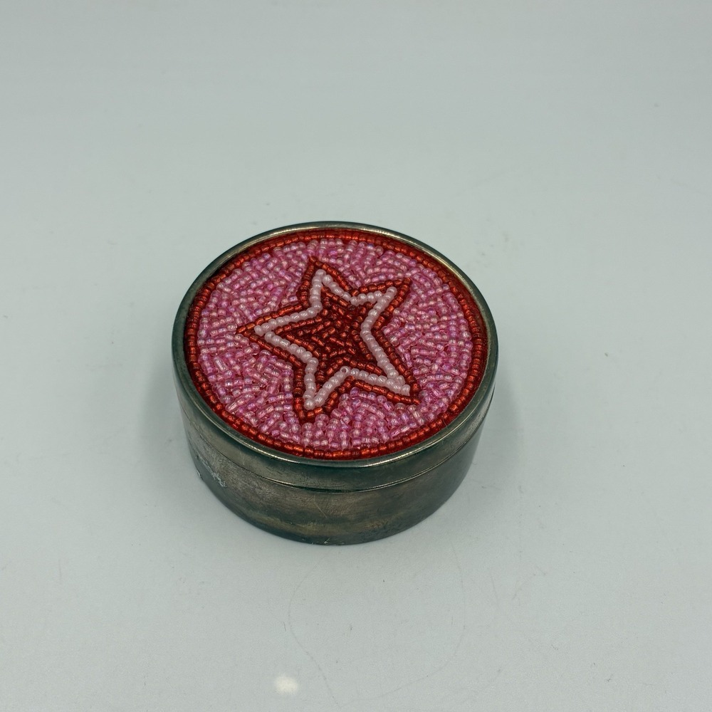 Vintage elissa‎ bloom Trinket Box, Mirror In Lid, Fabric Liner, Beadwork On Top